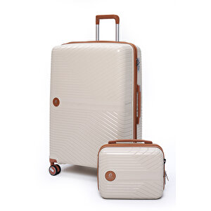Exclusive Pro Polipropilen Kırılmaz 2'li Valiz Seti Büyük Boy Ve Makyaj 2'li Set Bej - Camel 5239