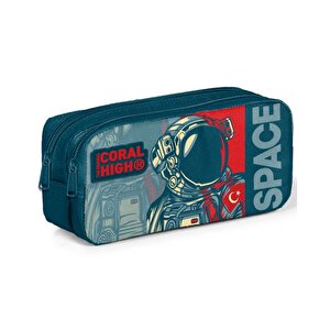 Kids Çivit Kırmızı Astronot Desenli İki Bölmeli Kalem Çantası 22187