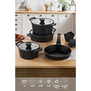 Vento 7 Parça Döküm Titanyum Kaplama Tencere Tava Seti Siyah