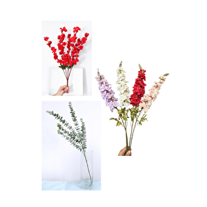 Lüks Yapay Çiçek Aranjman Seti – 1 Adet Okaliptus Dalı + 3 Adet Delphinium Çiçeği + 7 Dallı Kırmızı Bahardalı Demeti