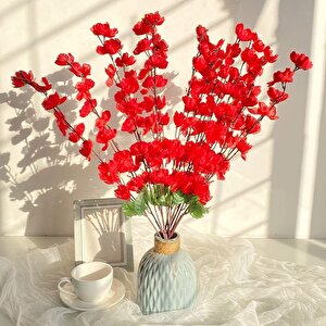 Lüks Yapay Çiçek Aranjman Seti – 1 Adet Okaliptus Dalı + 3 Adet Delphinium Çiçeği + 7 Dallı Kırmızı Bahardalı Demeti