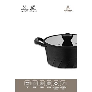 Vento Döküm Titanyum Kaplama Cam Kapaklı Derin Tencere 20x9,5 Cm