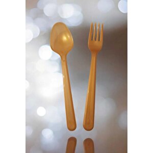 Plastik Lüx Altın Renk Kaşık - Parti Davet Piknik Çorba Yemek Kaşığı - 18 Cm. - 25'li Paket
