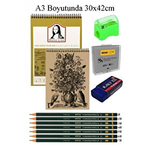 A3 Kraft Eskiz Defteri Spiralli 50 Yaprak Karakalem Çizim Seti Hamur Silgi Fatih Dereceli Kalem Hobi Tasarım Seti Telli