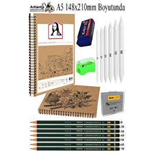 Telli A5 Kraft Eskiz Defteri Spiralli 50 Yaprak Karakalem Çizim Seti Sketch Pad Gölgelendirme Dereceli Kalem Yandan Açma