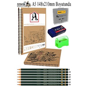 Telli A5 Kraft Eskiz Defteri Spiralli 50 Yaprak Karakalem Çizim Seti Fatih Dereceli Kalem Yandan Açmalı Sketch Pad Sigi