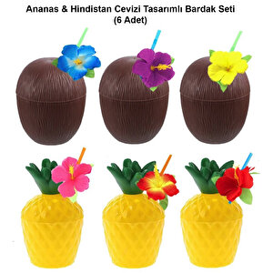 Ananas &amp; Hindistan Cevizi Tasarımlı Pipetli Bardak Seti (6 Adet)
