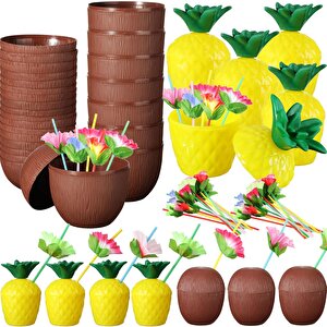 Ananas &amp; Hindistan Cevizi Tasarımlı Pipetli Bardak Seti (6 Adet)