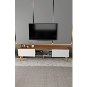 Siesta Modern Tv Ünitesi Atlantik Çam | Beyaz |  2 Kapaklı  | 1 Raflı |  Ahşap Ayaklı 150 Cm