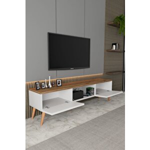 Siesta Modern Tv Ünitesi Atlantik Çam | Beyaz |  2 Kapaklı  | 1 Raflı |  Ahşap Ayaklı 150 Cm