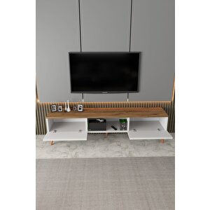 Siesta Modern Tv Ünitesi Atlantik Çam | Beyaz |  2 Kapaklı  | 1 Raflı |  Ahşap Ayaklı 150 Cm