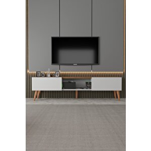 Siesta Modern Tv Ünitesi Atlantik Çam | Beyaz |  2 Kapaklı  | 1 Raflı |  Ahşap Ayaklı 150 Cm