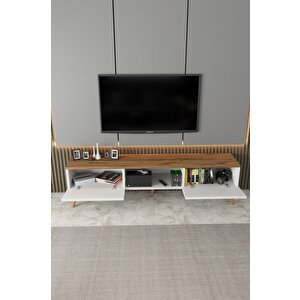 Siesta Modern Tv Ünitesi Atlantik Çam | Beyaz |  2 Kapaklı  | 1 Raflı |  Ahşap Ayaklı 150 Cm