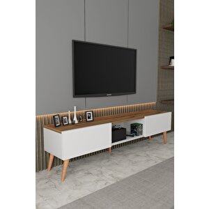 Siesta Modern Tv Ünitesi Atlantik Çam | Beyaz |  2 Kapaklı  | 1 Raflı |  Ahşap Ayaklı 150 Cm