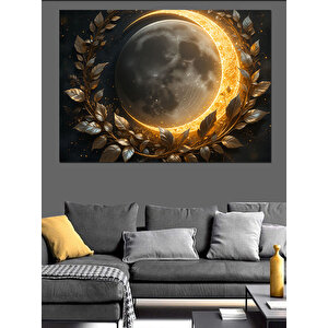 Altın Halka Etrafında Ay Dekoratif Kanvas - Mdf Ahşap Tablo 100x140 cm