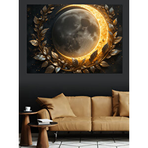 Altın Halka Etrafında Ay Dekoratif Kanvas - Mdf Ahşap Tablo 100x140 cm