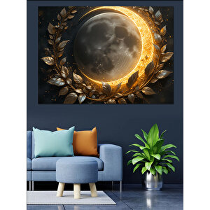 Altın Halka Etrafında Ay Dekoratif Kanvas - Mdf Ahşap Tablo 100x140 cm