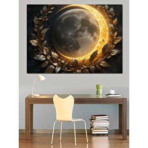 Altın Halka Etrafında Ay Dekoratif Kanvas - Mdf Ahşap Tablo
