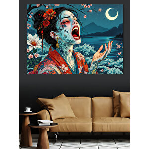 Geisha Çığlık Ay Işığı Dekoratif Kanvas - Mdf Ahşap Tablo 70x100 cm