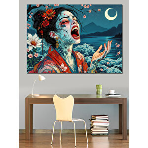 Geisha Çığlık Ay Işığı Dekoratif Kanvas - Mdf Ahşap Tablo
