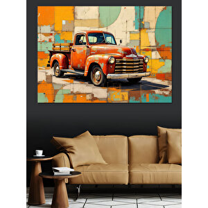Renkli Vintage Kırmızı Kamyon Dekoratif Kanvas - Mdf Ahşap Tablo 35x50 cm