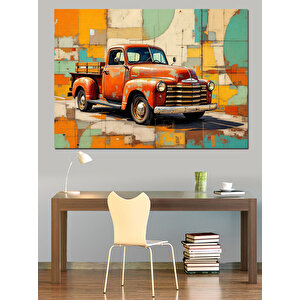 Renkli Vintage Kırmızı Kamyon Dekoratif Kanvas - Mdf Ahşap Tablo