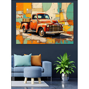 Renkli Vintage Kırmızı Kamyon Dekoratif Kanvas - Mdf Ahşap Tablo 100x140 cm