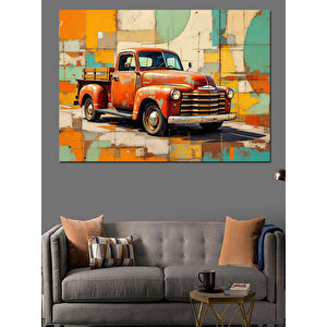 Renkli Vintage Kırmızı Kamyon Dekoratif Kanvas - Mdf Ahşap Tablo 100x140 cm