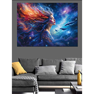 Uzayda Renkli Kadın Dekoratif Kanvas - Mdf Ahşap Tablo 100x140 cm