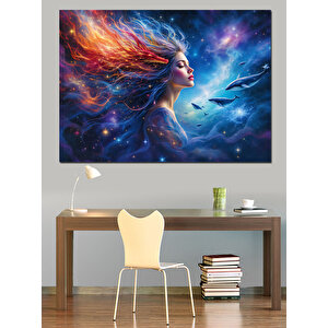 Uzayda Renkli Kadın Dekoratif Kanvas - Mdf Ahşap Tablo