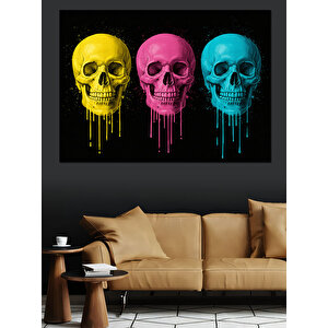 Neon Renkli Kafatasları Dekoratif Kanvas - Mdf Ahşap Tablo 35x50 cm