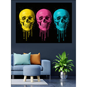 Neon Renkli Kafatasları Dekoratif Kanvas - Mdf Ahşap Tablo 35x50 cm