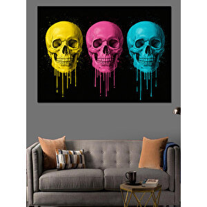 Neon Renkli Kafatasları Dekoratif Kanvas - Mdf Ahşap Tablo