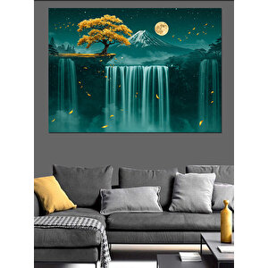 Ay Manzaralı Büyülü Şelale Dekoratif Kanvas - Mdf Ahşap Tablo