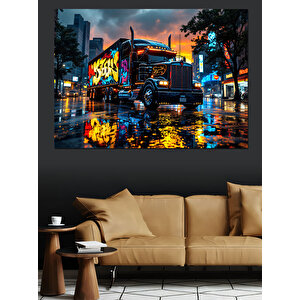 Grafiti Kamyon Yağmurlu Gece Dekoratif Kanvas - Mdf Ahşap Tablo 50x70 cm