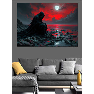 Kırmızı Ay Ve Karanlık Figür Dekoratif Kanvas - Mdf Ahşap Tablo