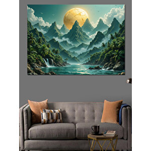 Dağlar Ve Ay Manzarası Dekoratif Kanvas - Mdf Ahşap Tablo