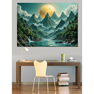 Dağlar Ve Ay Manzarası Dekoratif Kanvas - Mdf Ahşap Tablo