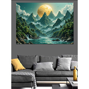 Dağlar Ve Ay Manzarası Dekoratif Kanvas - Mdf Ahşap Tablo 100x140 cm
