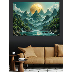 Dağlar Ve Ay Manzarası Dekoratif Kanvas - Mdf Ahşap Tablo 100x140 cm