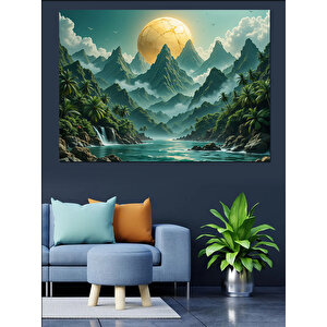 Dağlar Ve Ay Manzarası Dekoratif Kanvas - Mdf Ahşap Tablo 100x140 cm