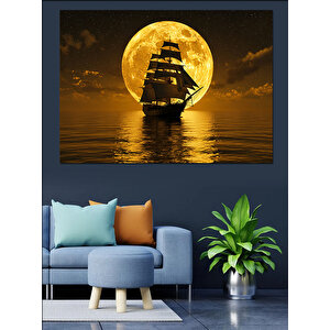 Ay Işığında Yelkenli Dekoratif Kanvas - Mdf Ahşap Tablo 35x50 cm