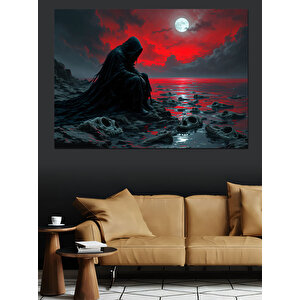Kırmızı Ay Ve Karanlık Figür Dekoratif Kanvas - Mdf Ahşap Tablo 70x100 cm