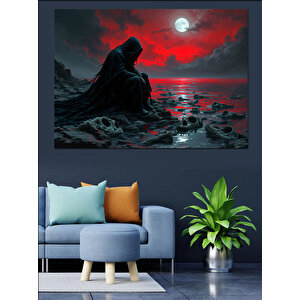 Kırmızı Ay Ve Karanlık Figür Dekoratif Kanvas - Mdf Ahşap Tablo 70x100 cm