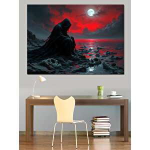 Kırmızı Ay Ve Karanlık Figür Dekoratif Kanvas - Mdf Ahşap Tablo