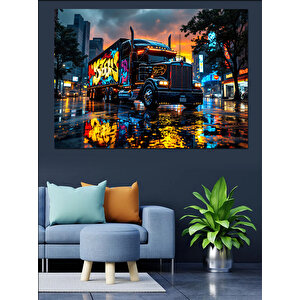 Grafiti Kamyon Yağmurlu Gece Dekoratif Kanvas - Mdf Ahşap Tablo 70x100 cm