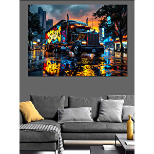 Grafiti Kamyon Yağmurlu Gece Dekoratif Kanvas - Mdf Ahşap Tablo