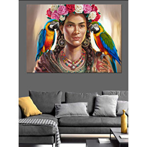 Papağanlı Frida Kahlo Dekoratif Kanvas - Mdf Ahşap Tablo 70x100 cm