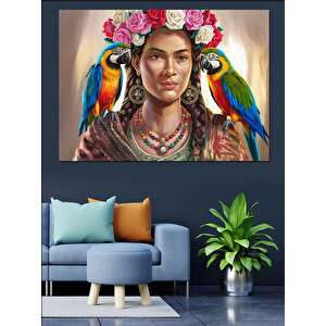 Papağanlı Frida Kahlo Dekoratif Kanvas - Mdf Ahşap Tablo 70x100 cm