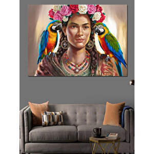 Papağanlı Frida Kahlo Dekoratif Kanvas - Mdf Ahşap Tablo